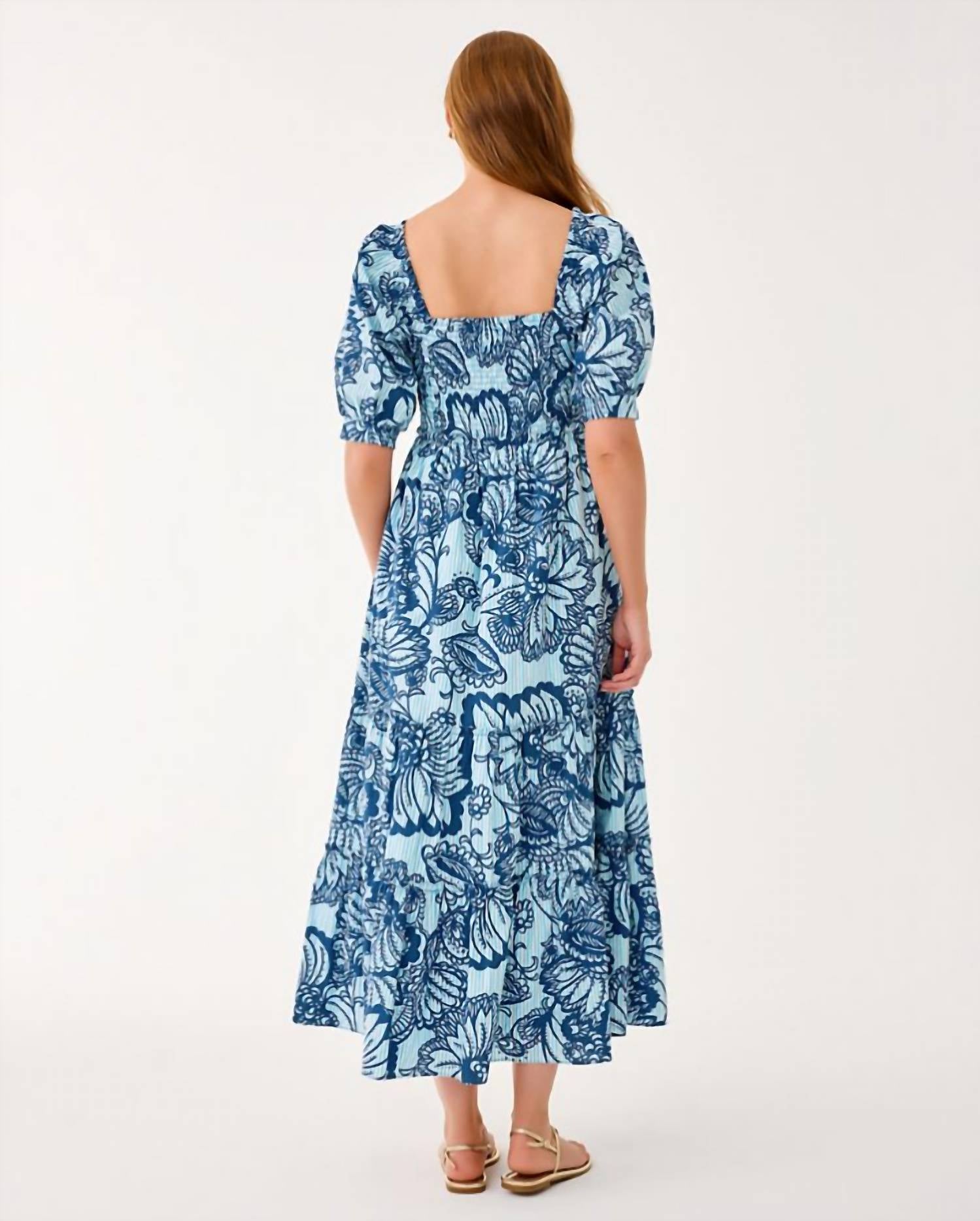 Hadly Short Sleeve Smocked Maxi Dress In Starlight Navy/proud As A Peacock Stripe