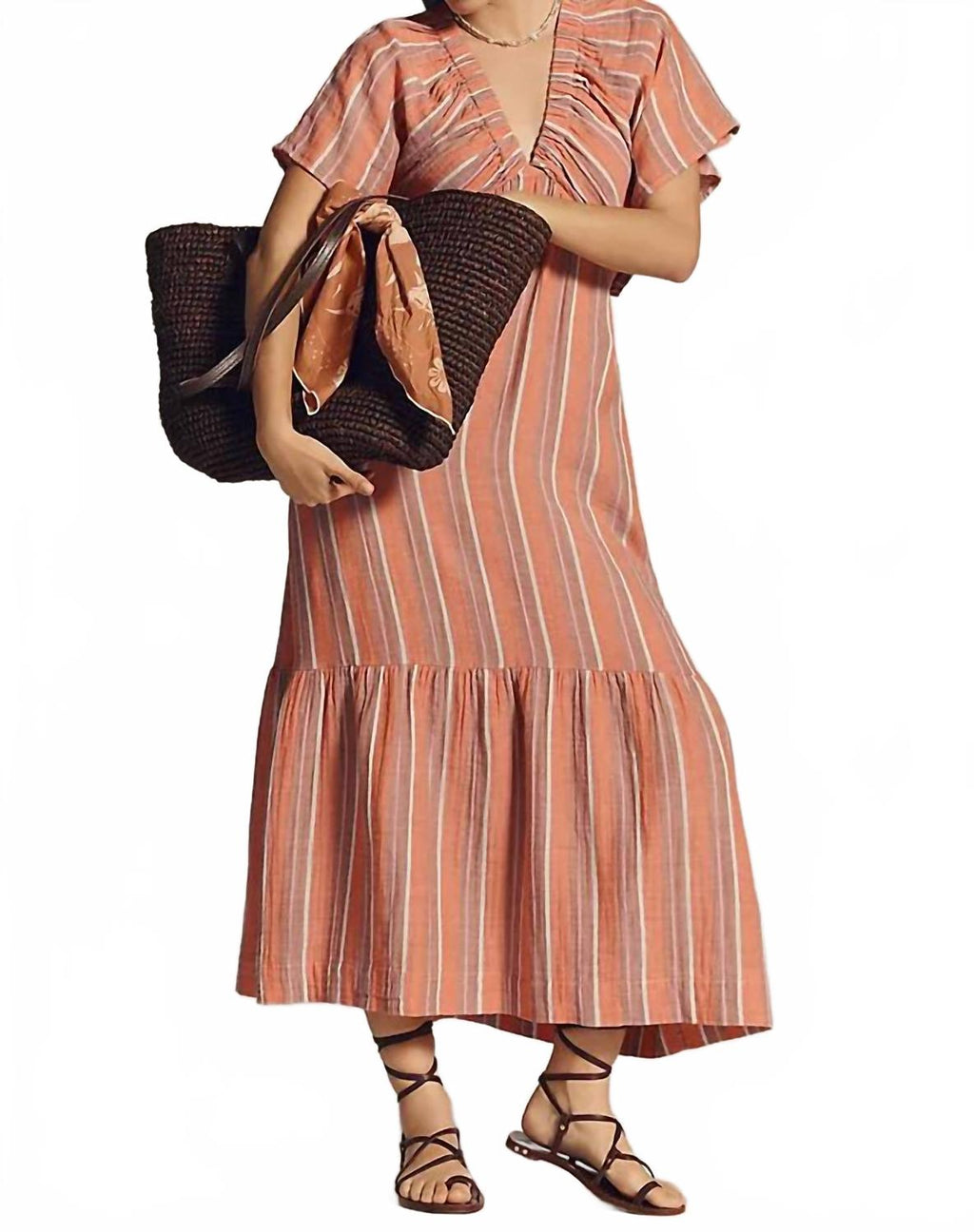 Gauze Stripe Midi Dress In Bright Coral