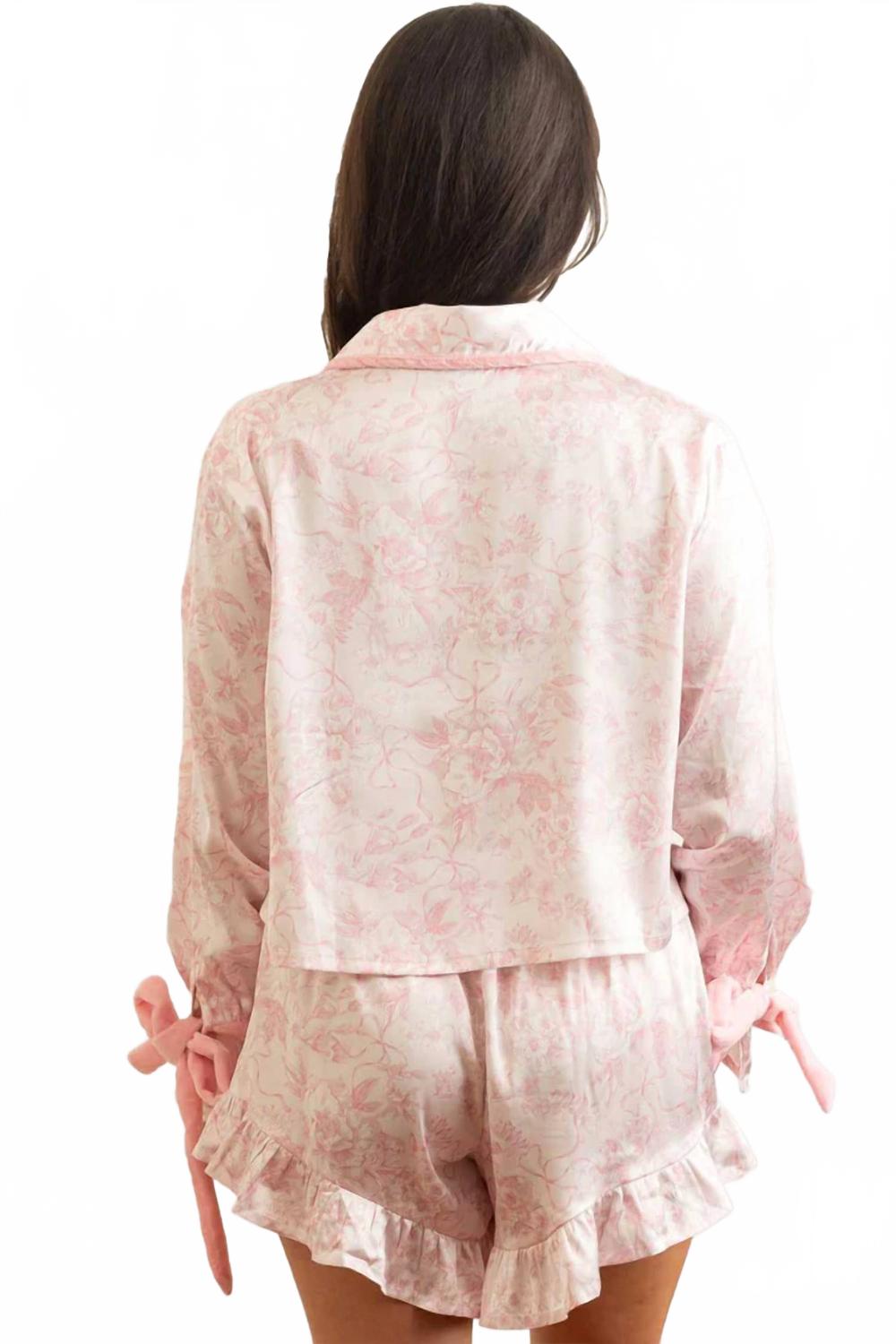 Lane Satin Ruffle Pajama Short Set In Pink Bow Toile