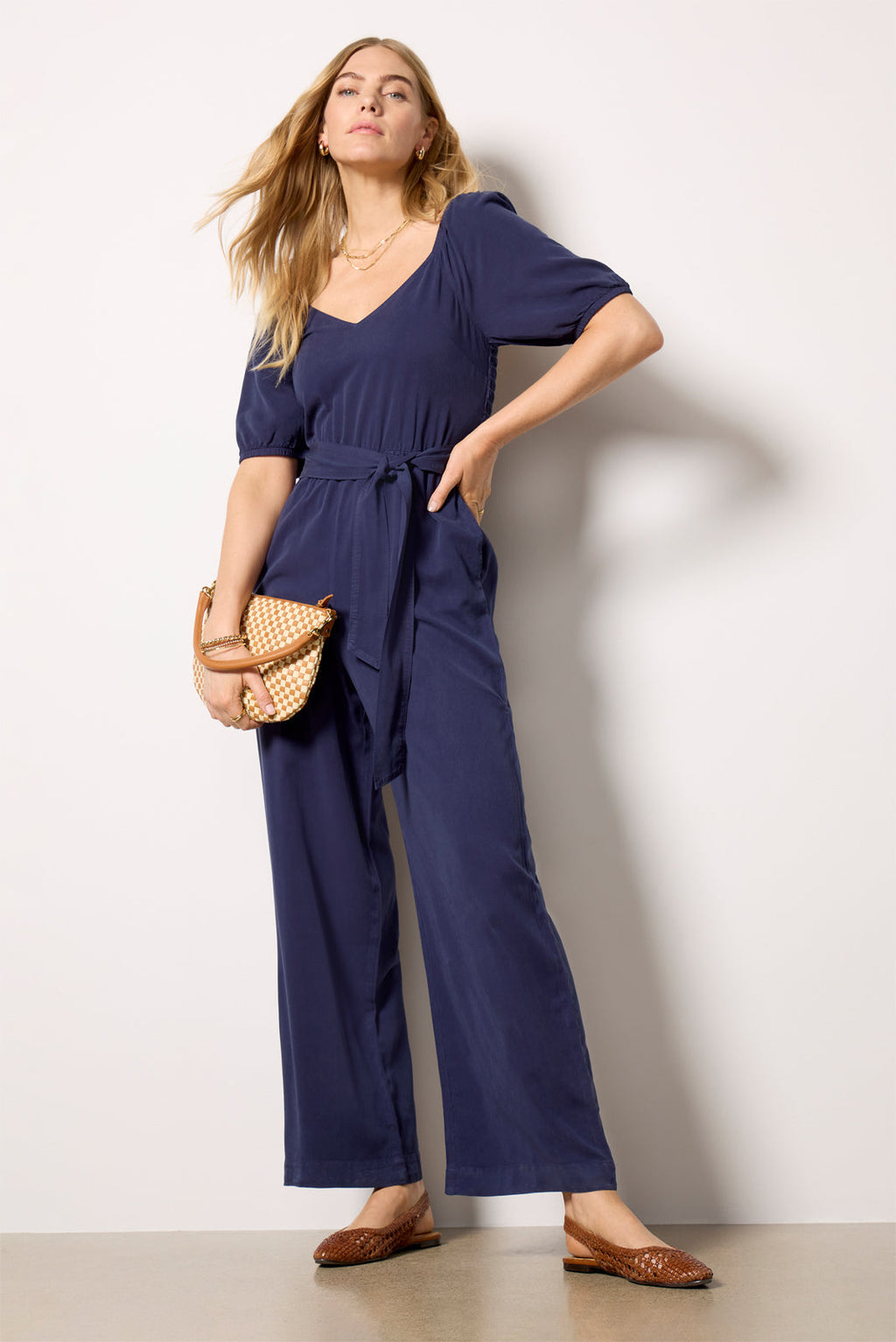 Women's Puff Sleeve Belt Tie Jumpsuit