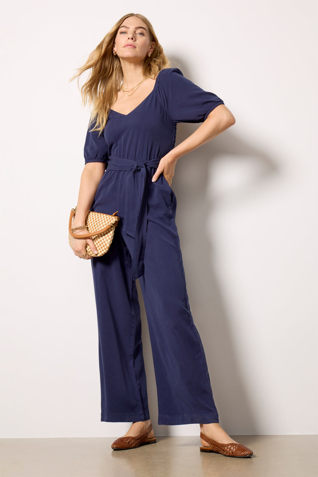 Women's Puff Sleeve Belt Tie Jumpsuit
