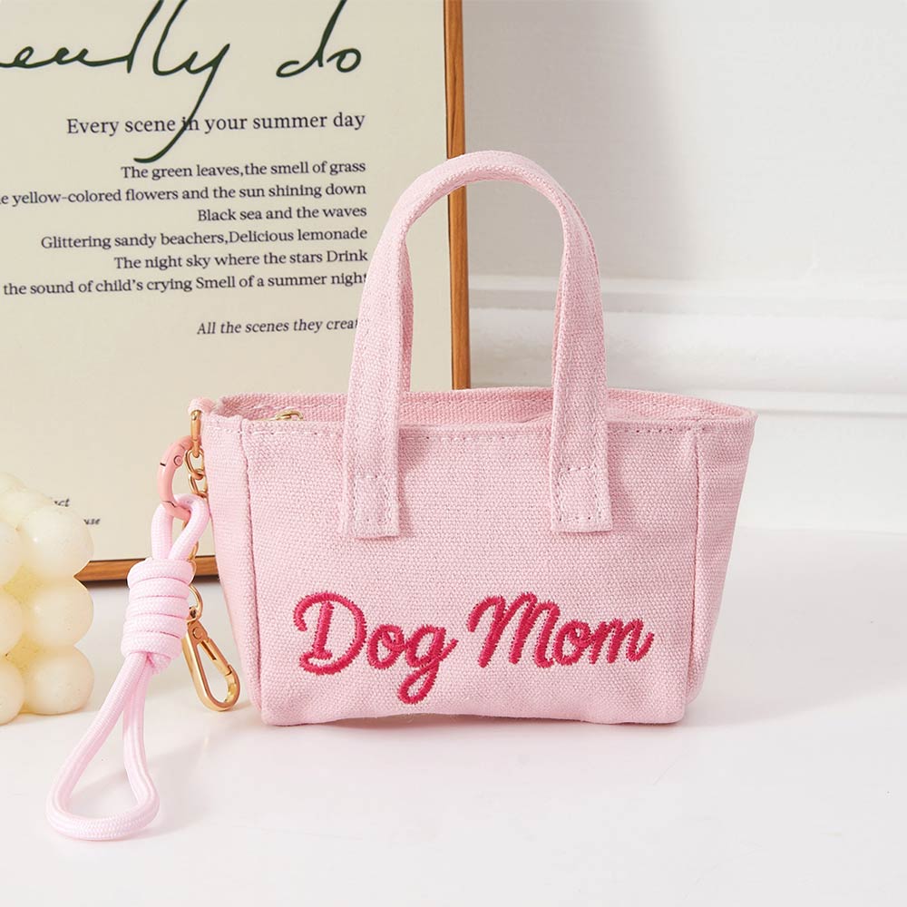 DOG MOM Embroidered Mini Canvas Tote Bag Keychain Bag Charm