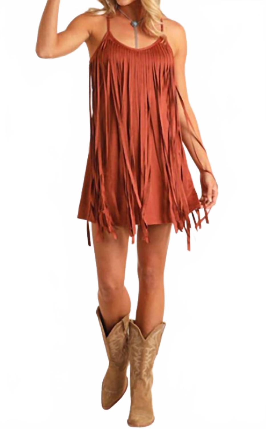 Women's Microsuede Fringe Dress In Camel