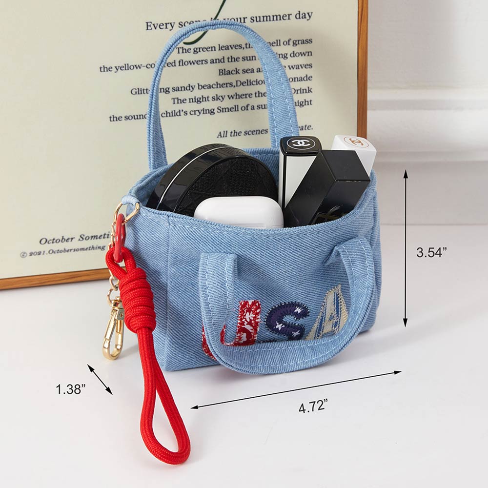 USA Letter Embroidered Mini Canvas Tote Bag Keychain Bag Charm
