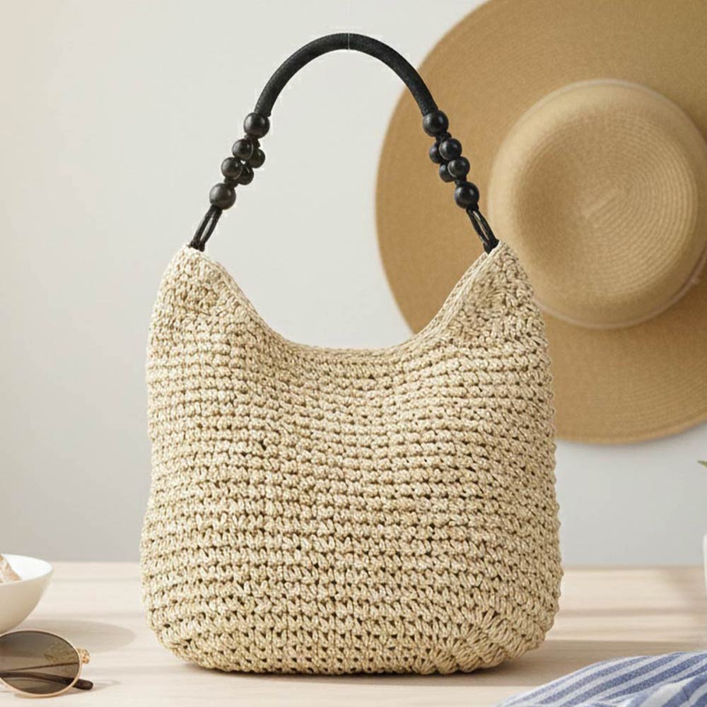 Beaded Handle Raffia Woven Shoulder Tote Bag