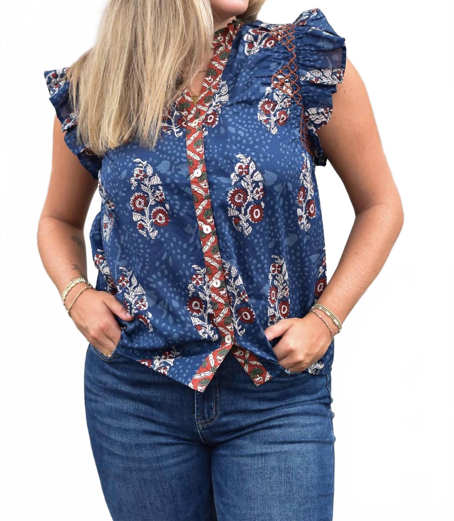 Flutter Sleeve Floral Print V Neck Top In Navy