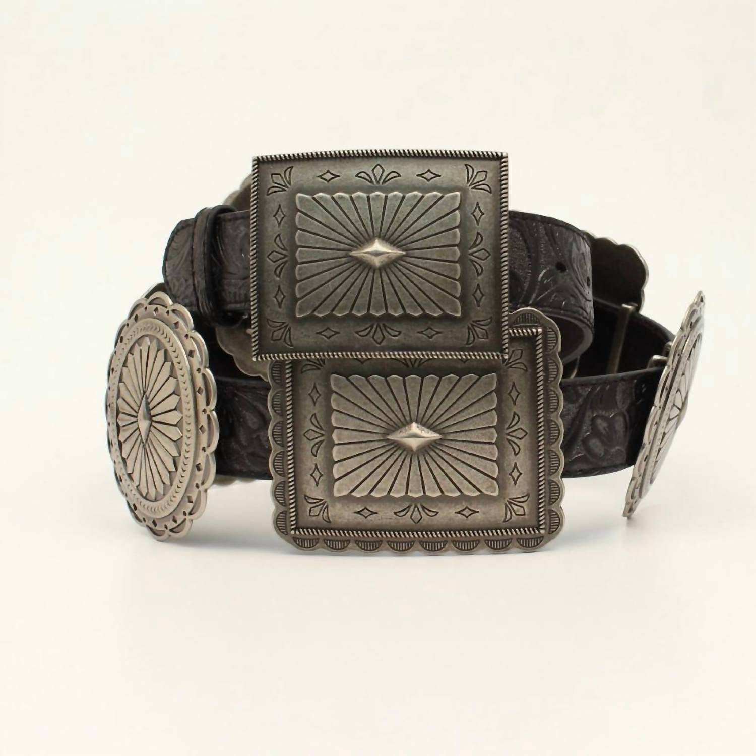 Women's Large Concho Oval And Rectangle Belt In Black/silver
