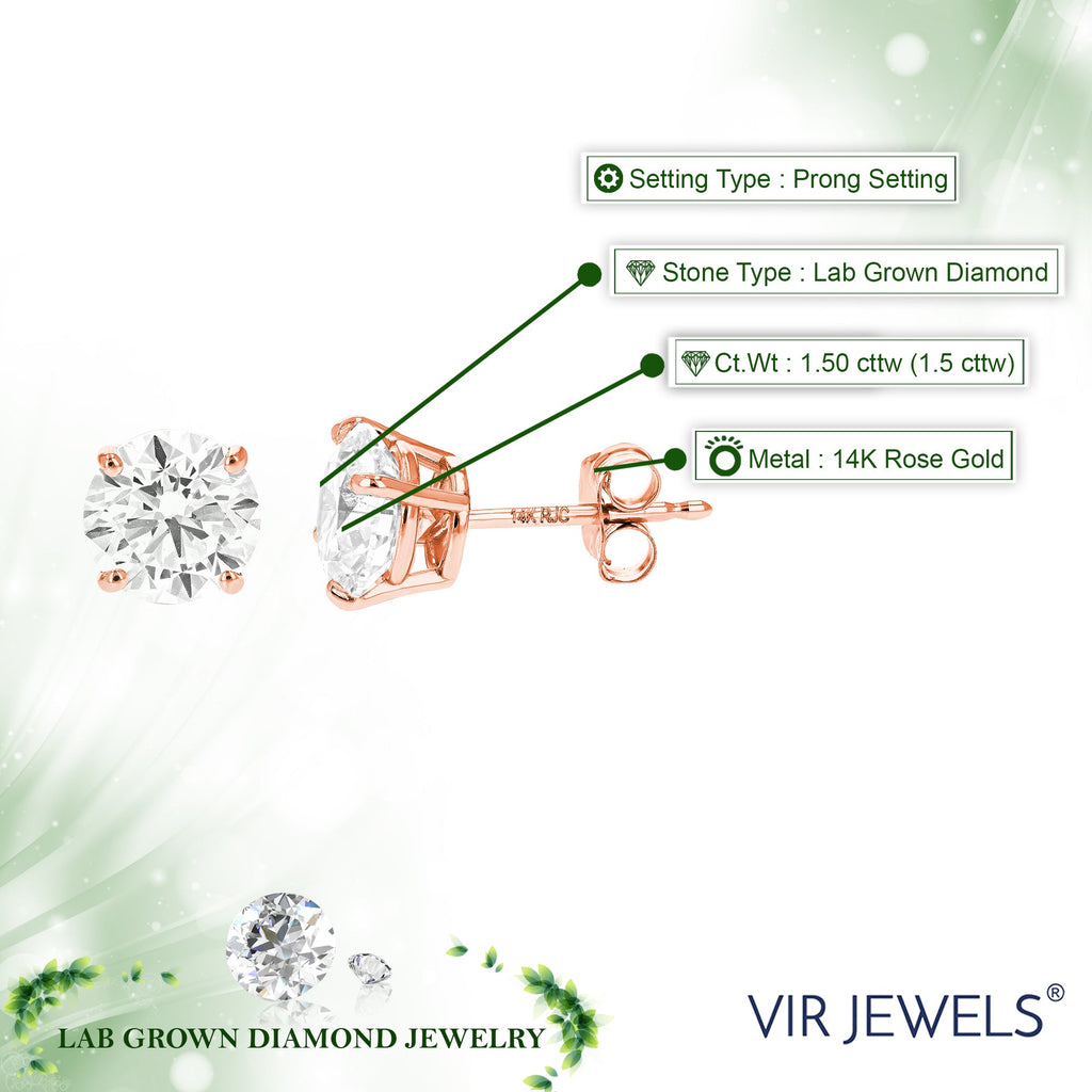 1.50 cttw Lab Grown Diamond Stud Earrings in 14K Gold With Push Backs For Women