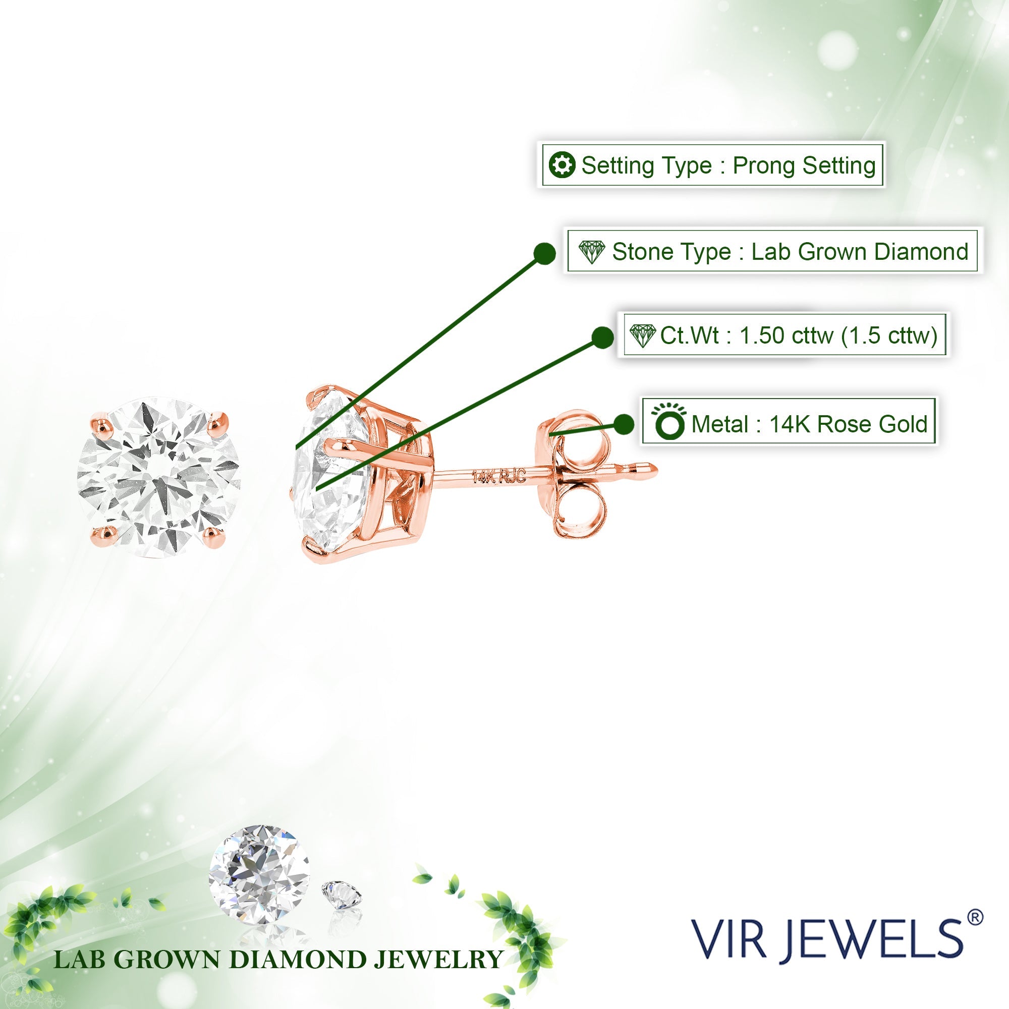 1.50 cttw Lab Grown Diamond Stud Earrings in 14K Gold With Push Backs For Women