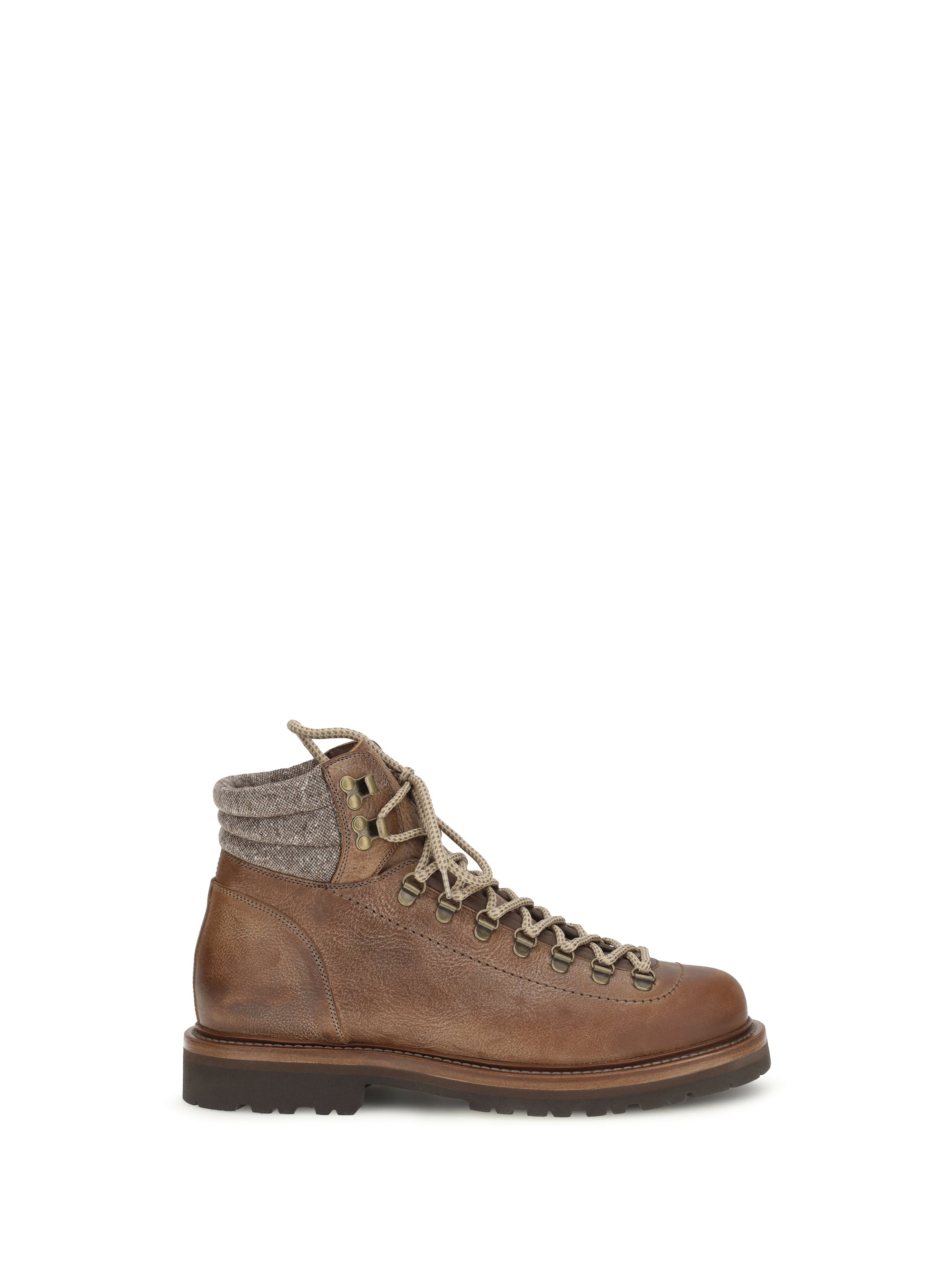 Brunello Cucinelli Men Mountain Boots In Leather With Wool And Cashmere Inserts