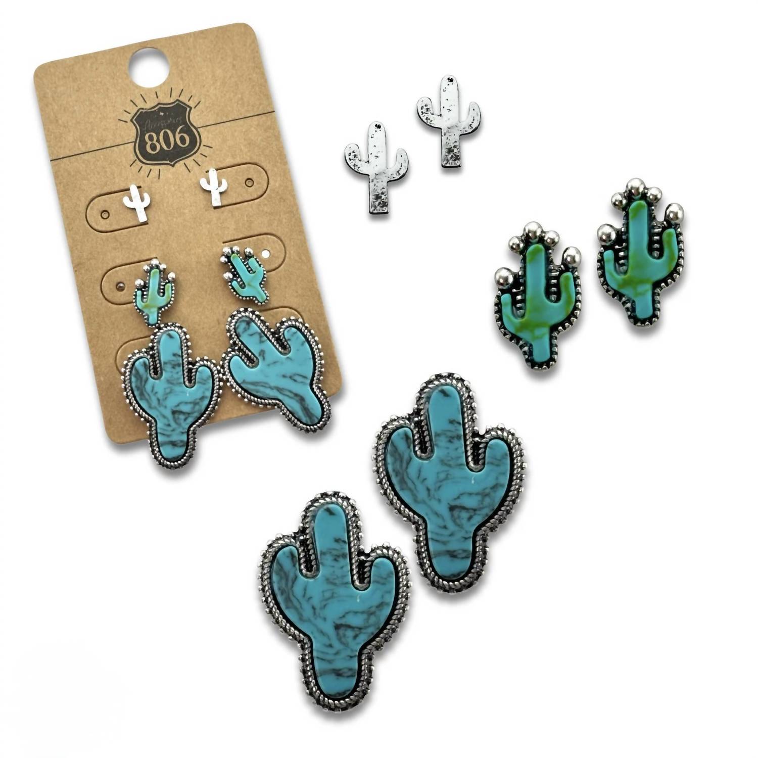 Women's Cactus Three Pairs Earring Set In Turquoise Silver