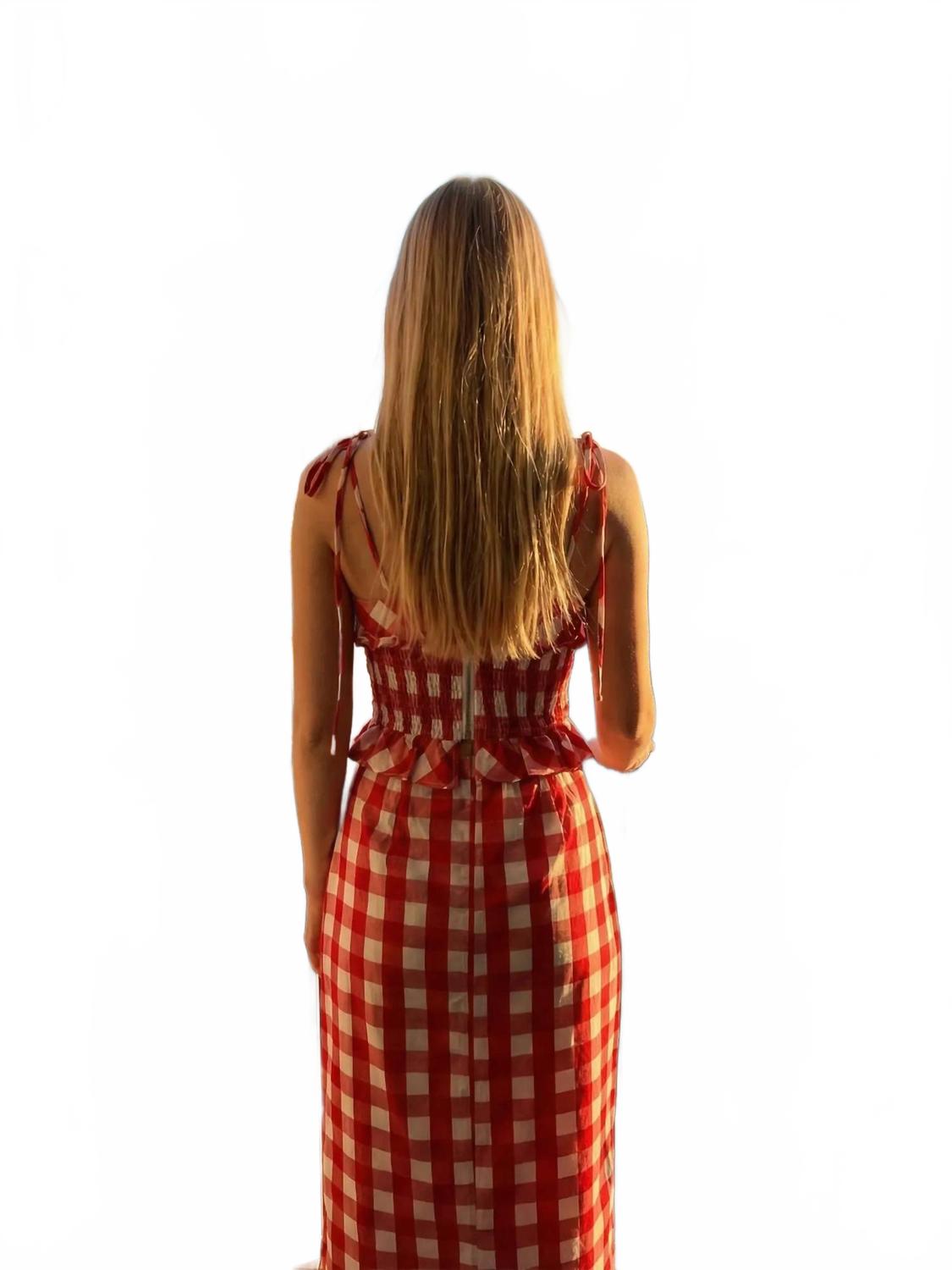 Gingham Sweetheart Top And Midi Skirt Set In Red/white