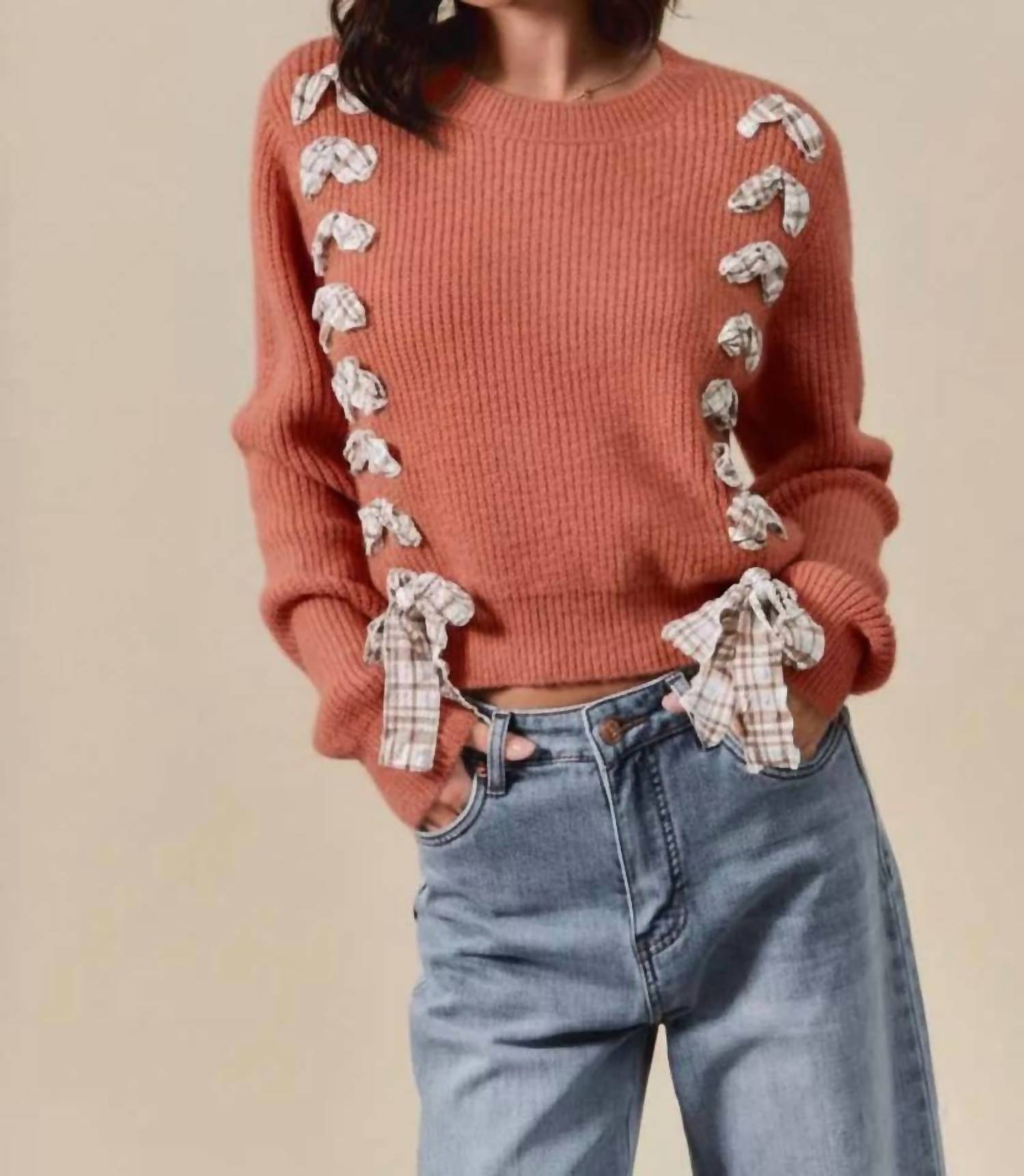Plaid Bow Sweater In Rust