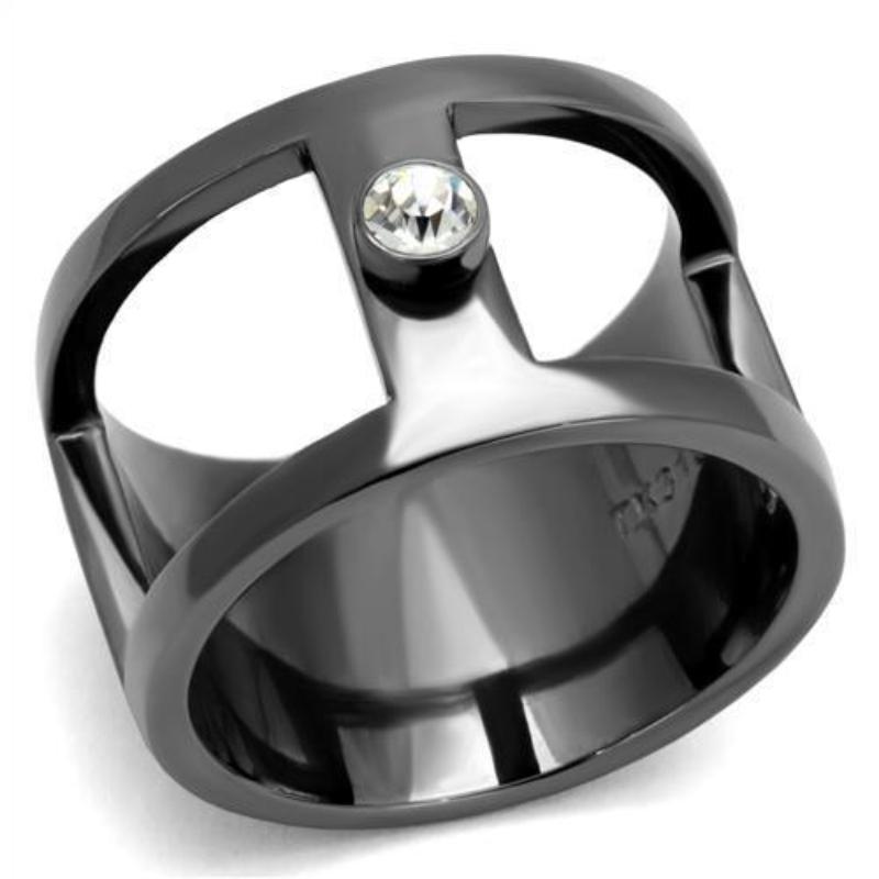 IP Light Black Stainless Steel Ring with Top Grade Crystal in Clear
