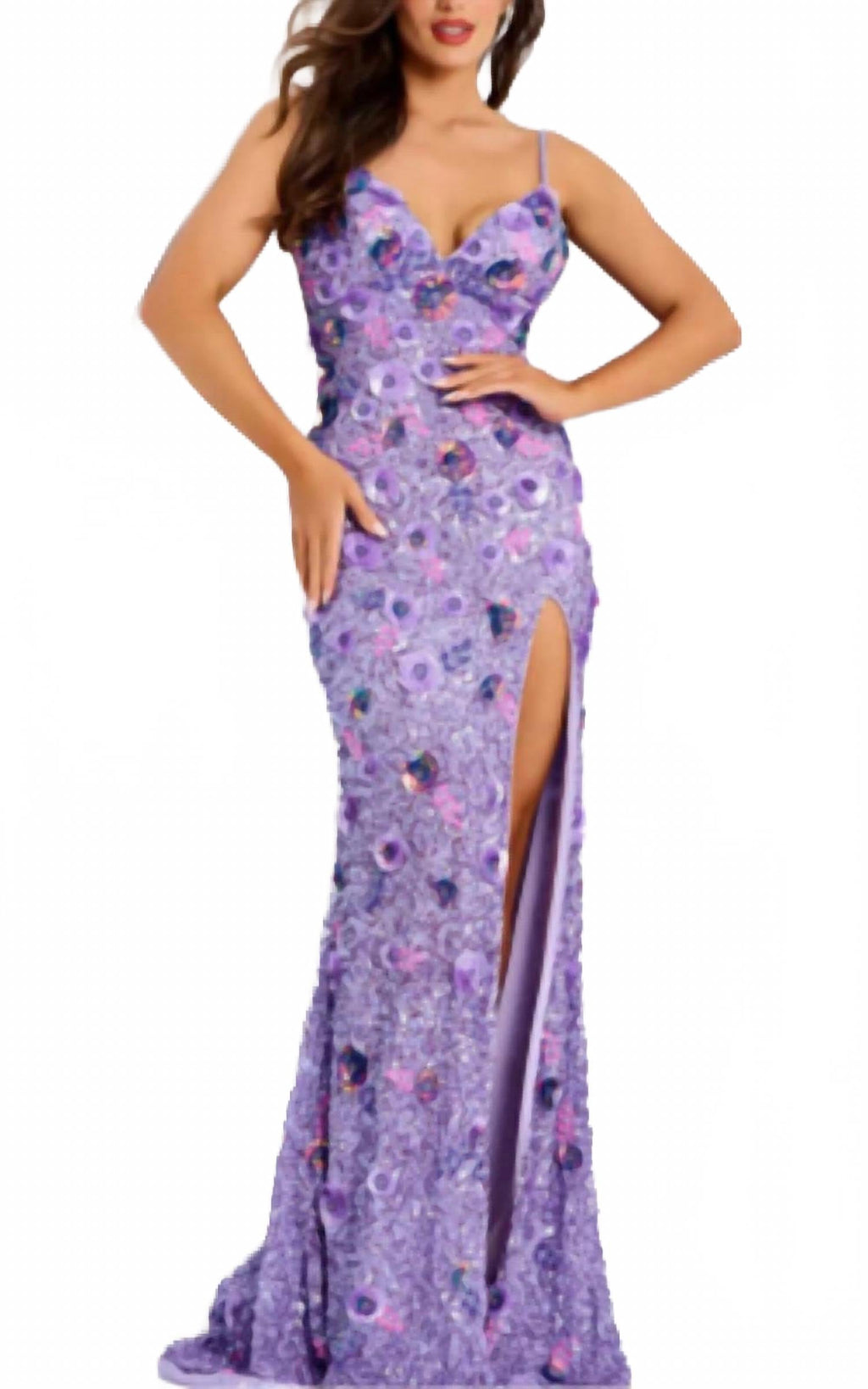 Sequin Gown With 3D Floral Appliqué In Lilac Multi