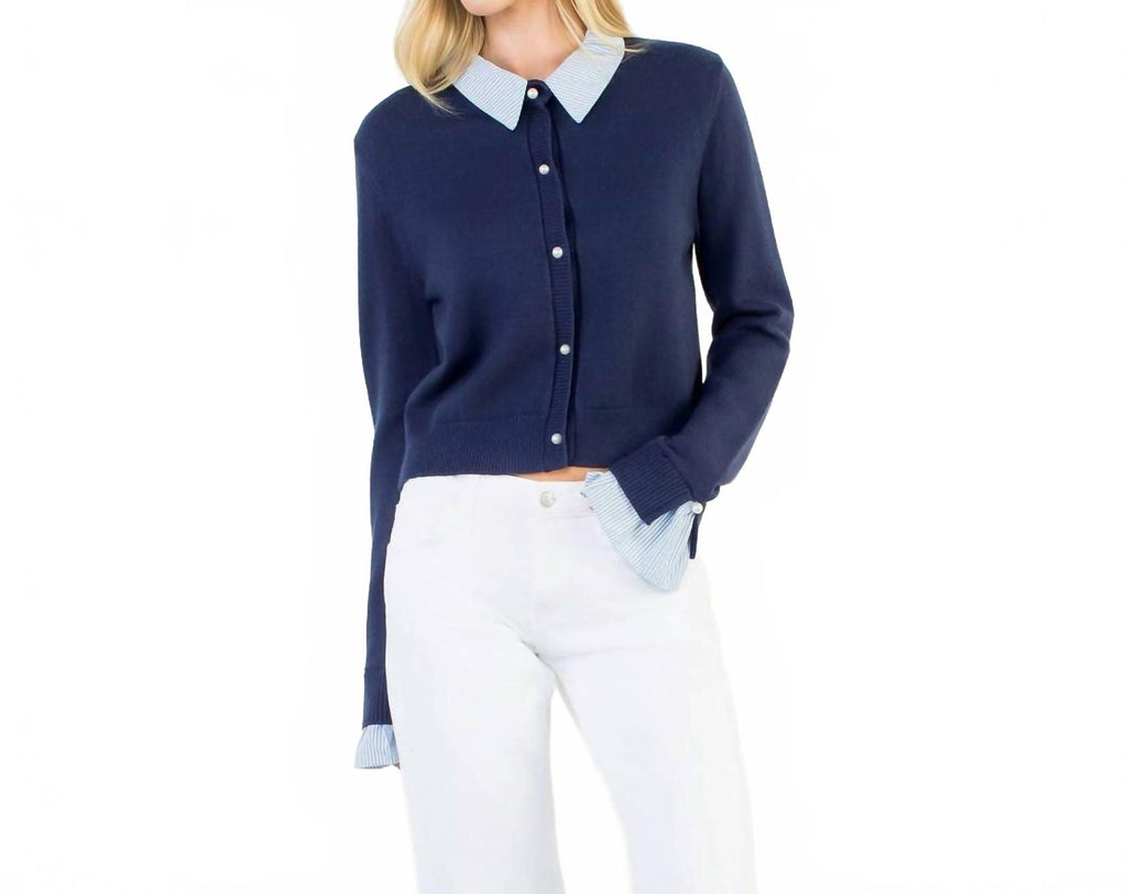 Pearl Button Mixed Media Collared Knit Top In Blue