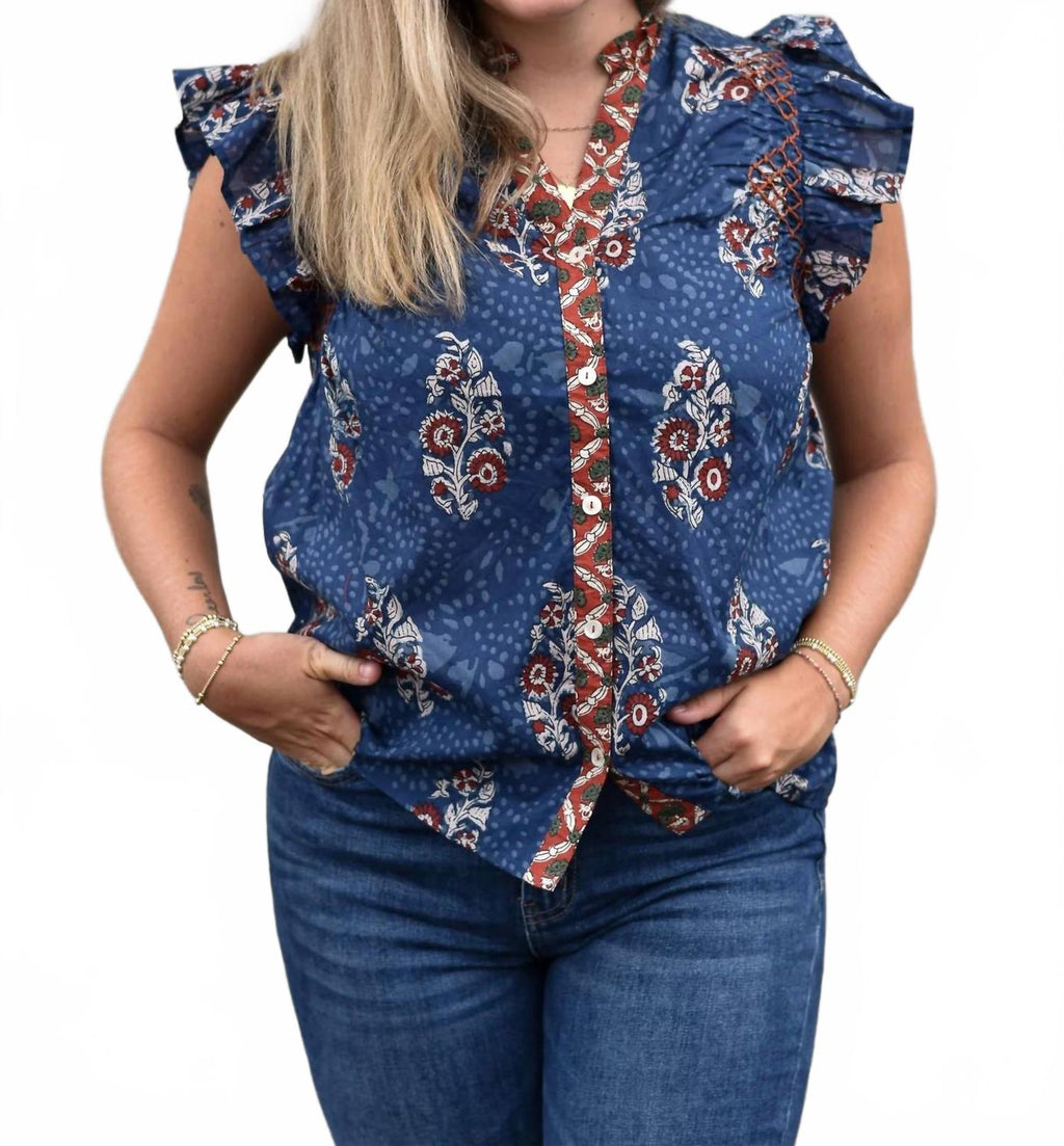 Flutter Sleeve Floral Print V Neck Top In Navy