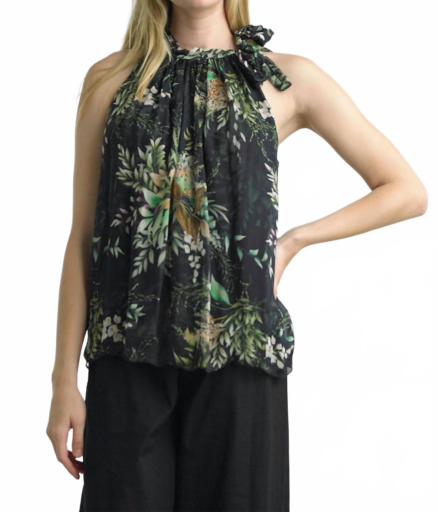 Print Neck Tie Top In Black