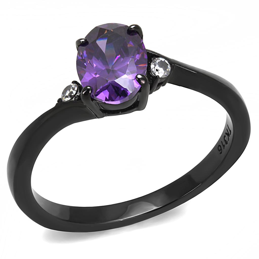 IP Black(Ion Plating) Stainless Steel Ring with AAA Grade CZ in Amethyst