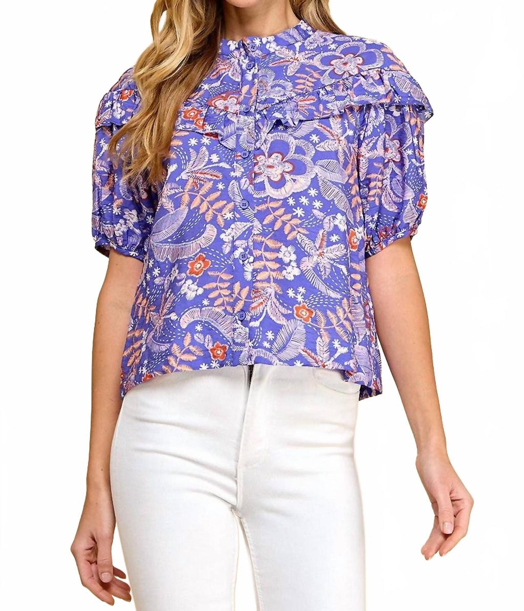 Button Up Floral Ruffle Blouse In Purple