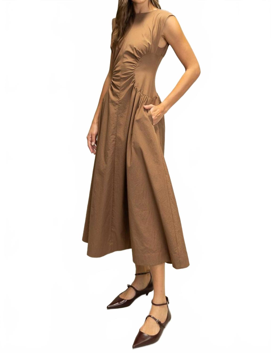 Sylvia Ruched Waist Midi Dress In Espresso