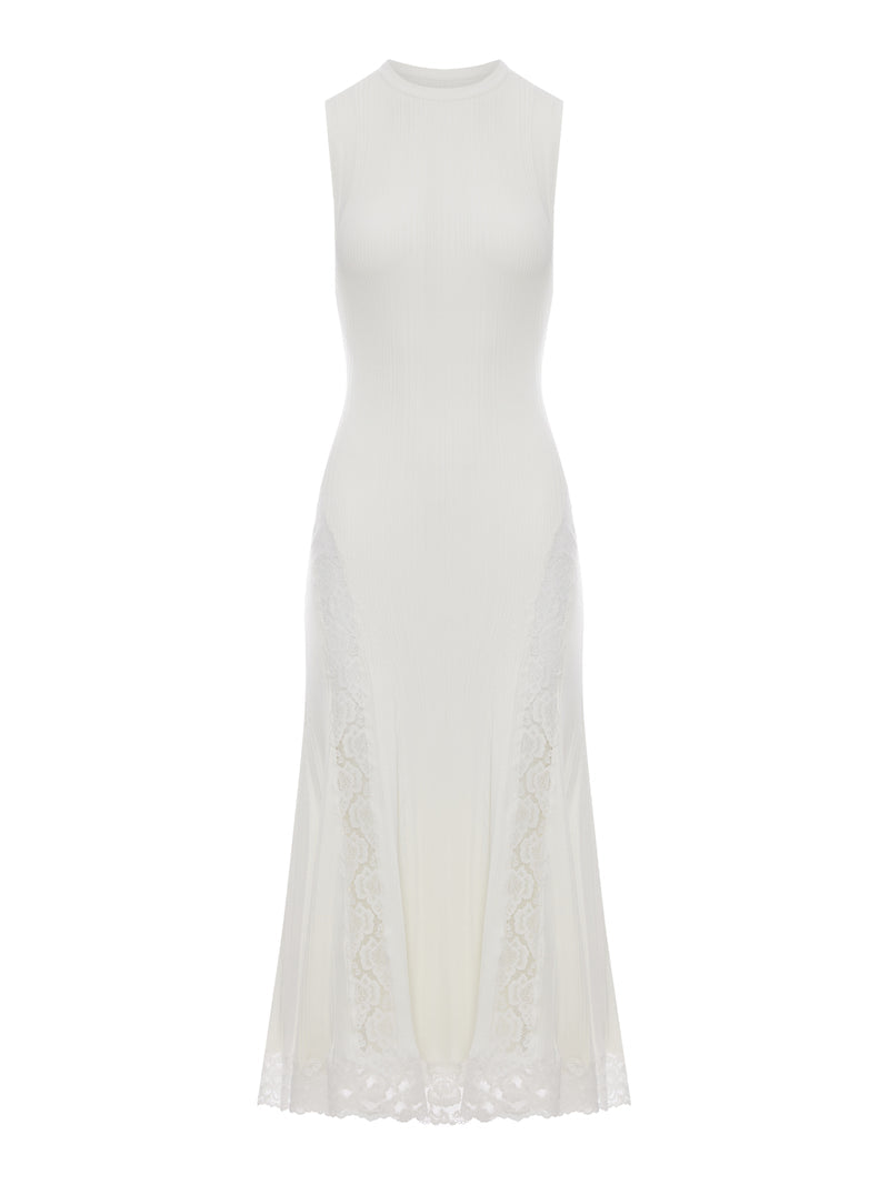 Self-Portrait Women White Knitted Midi Dress With Lace Inserts