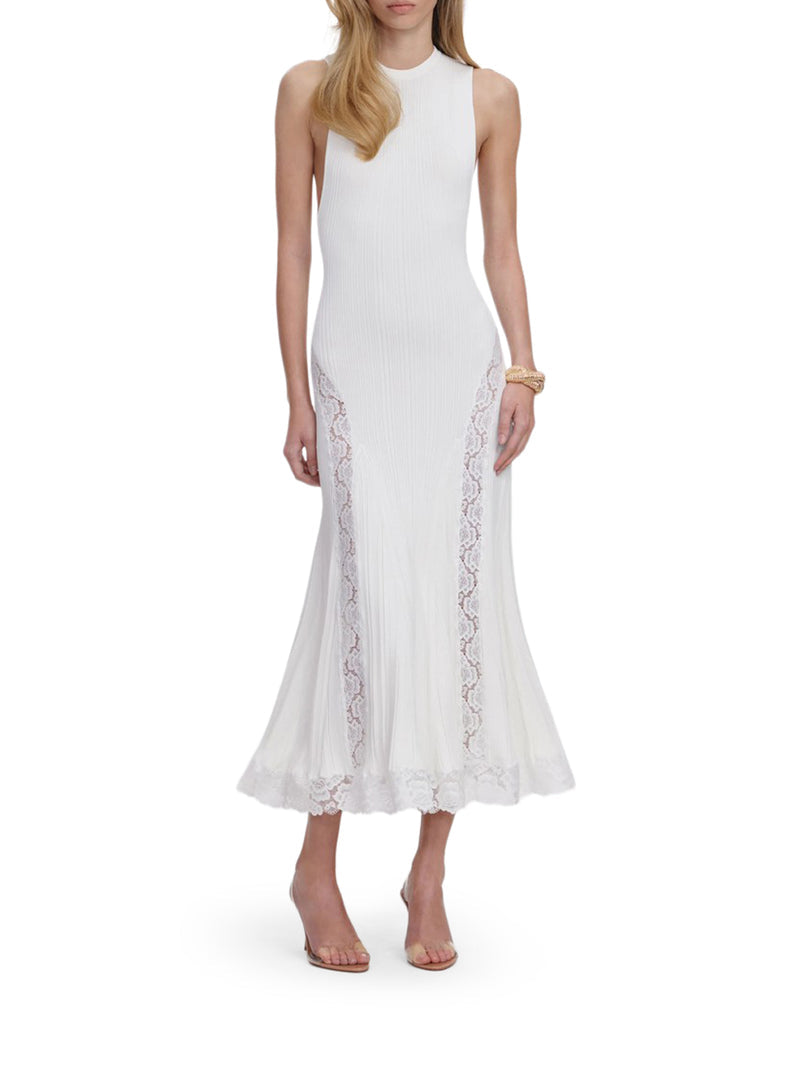 Self-Portrait Women White Knitted Midi Dress With Lace Inserts