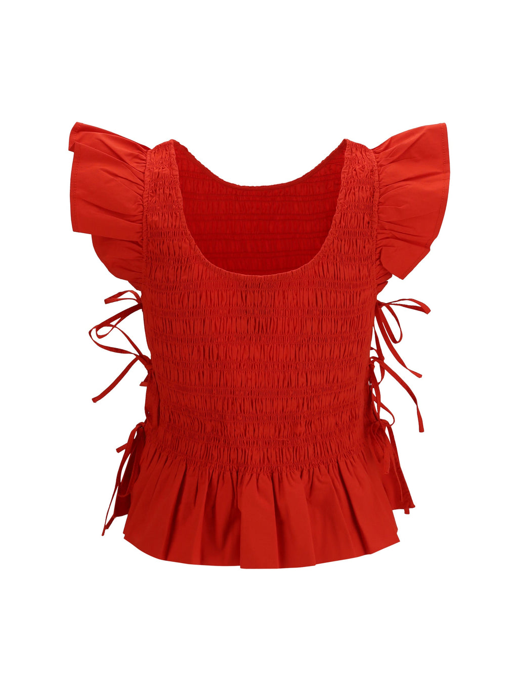 Ganni Women Ruched Cotton Top With Side Bows