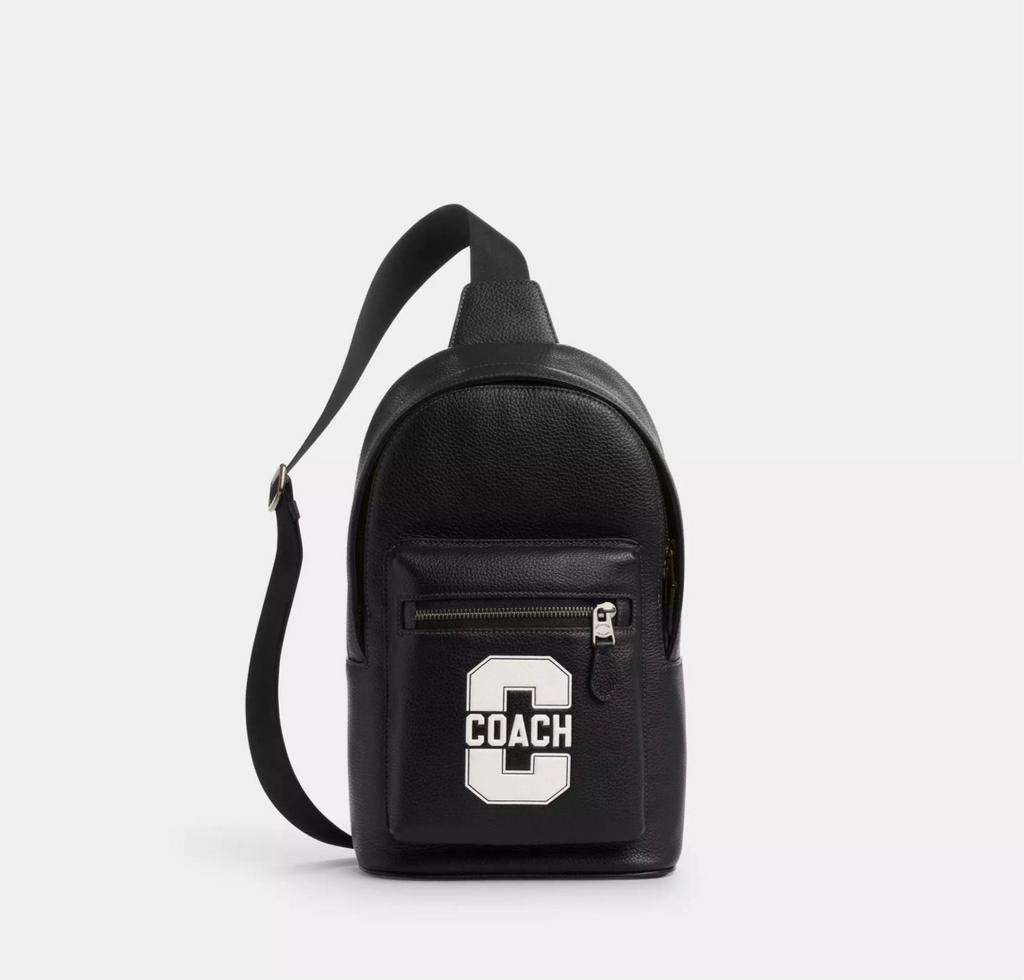 NWT Coach Leather West Pack Sling Bag with Varsity Motif In Black