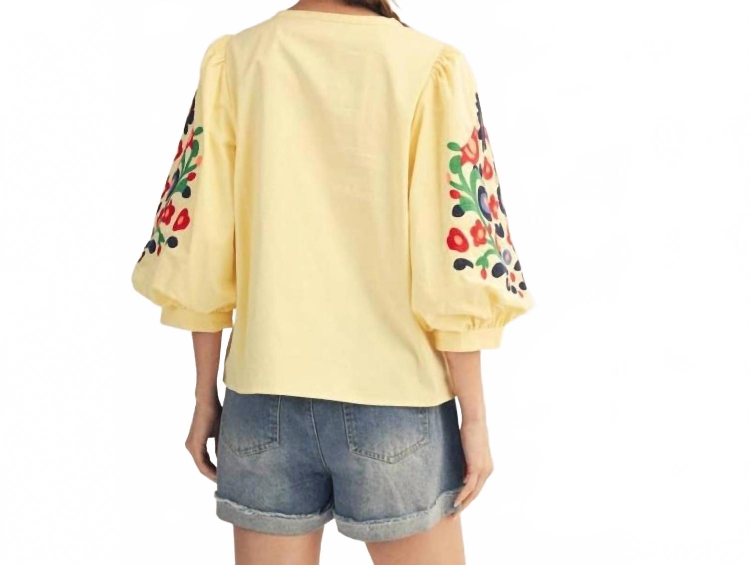 Embroidered V-Neck Woven Top In Banana Yellow