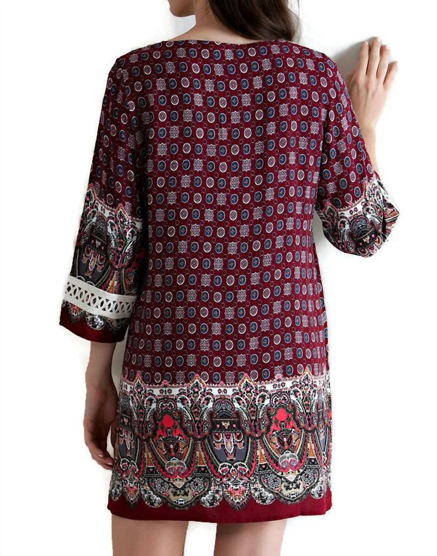Border Print Tassel Tie Mini Dress In Burgundy