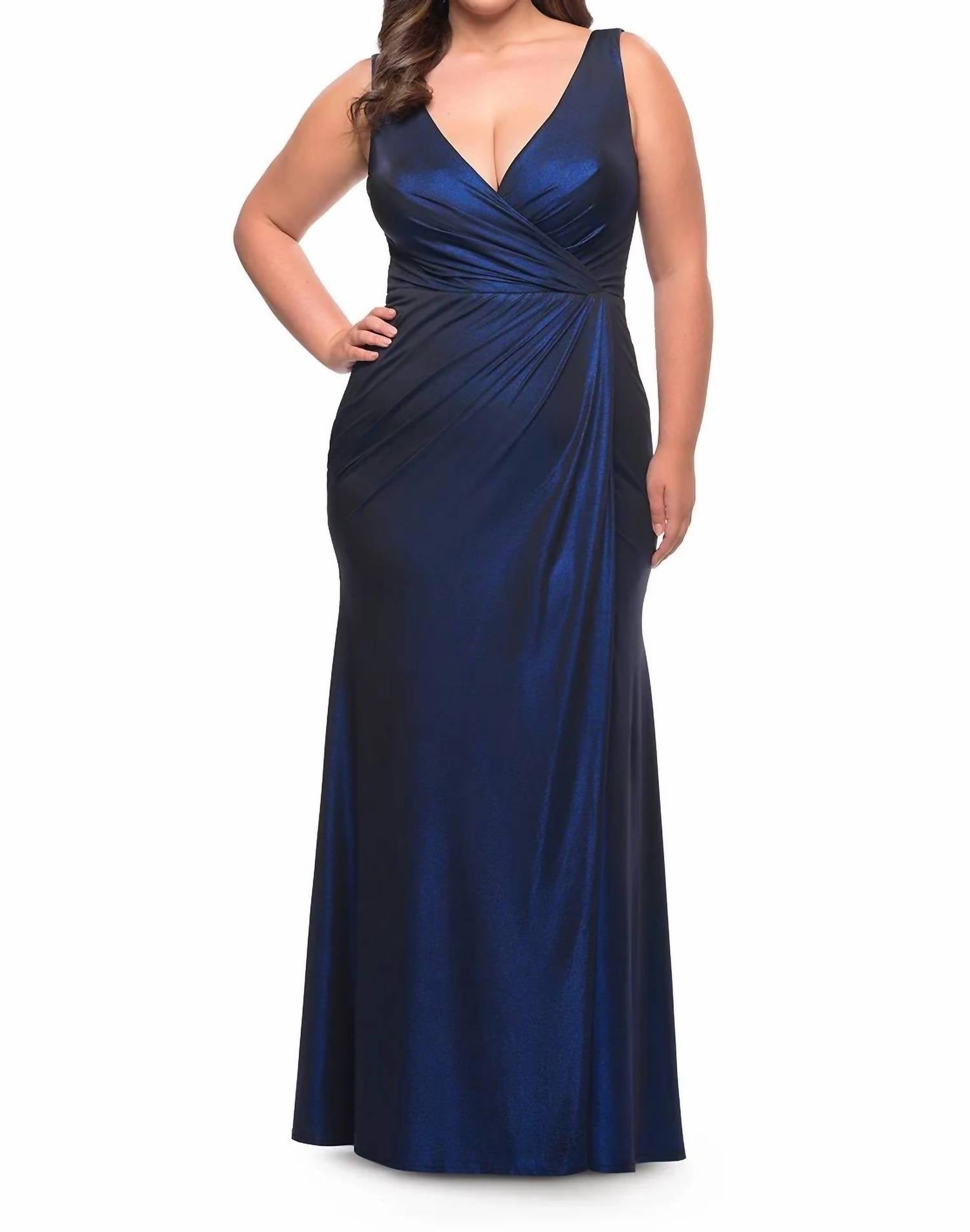 Metallic Jersey Gown - Plus In Navy