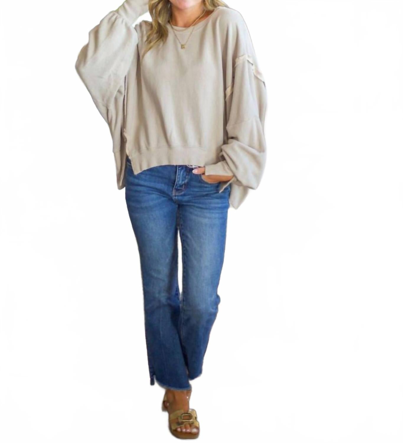 Cropped Sweatshirt With Cuffed Sleeve In Light Taupe