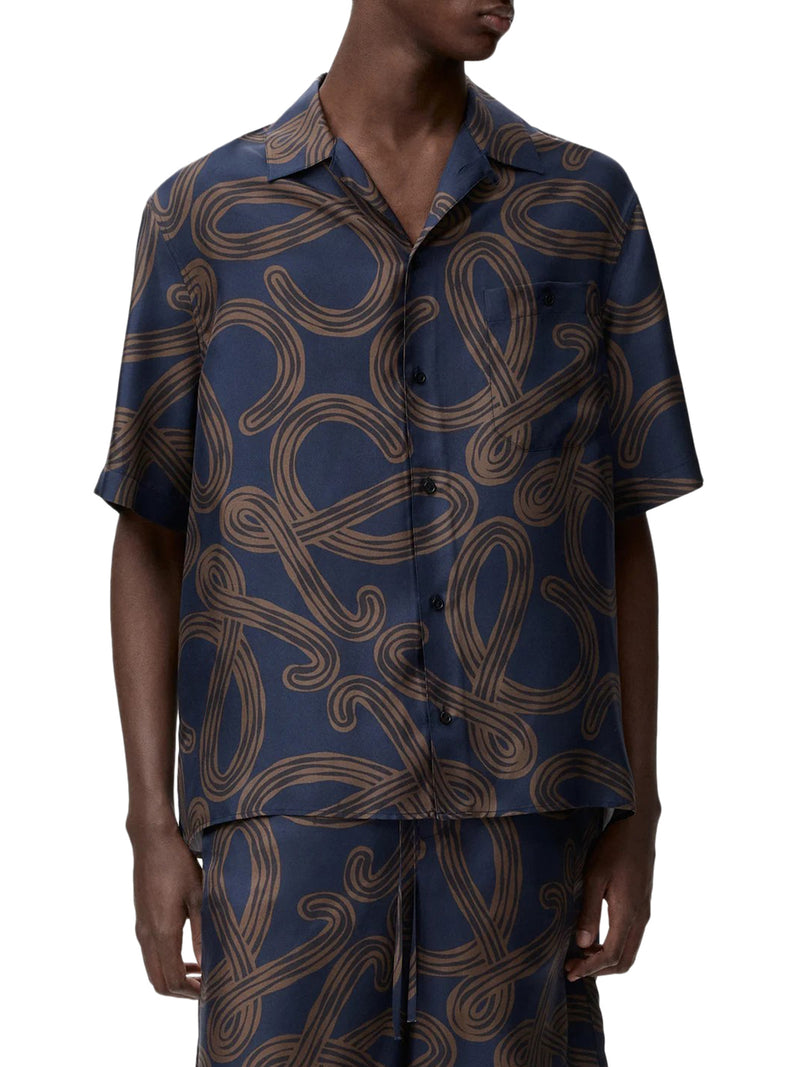Loewe X Paula`S Ibiza Men Short-Sleeved Silk Twill Shirt With All-Over Anagram Print