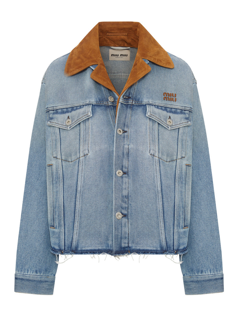 Miu Miu Women Blouson In Washed Denim And Suede