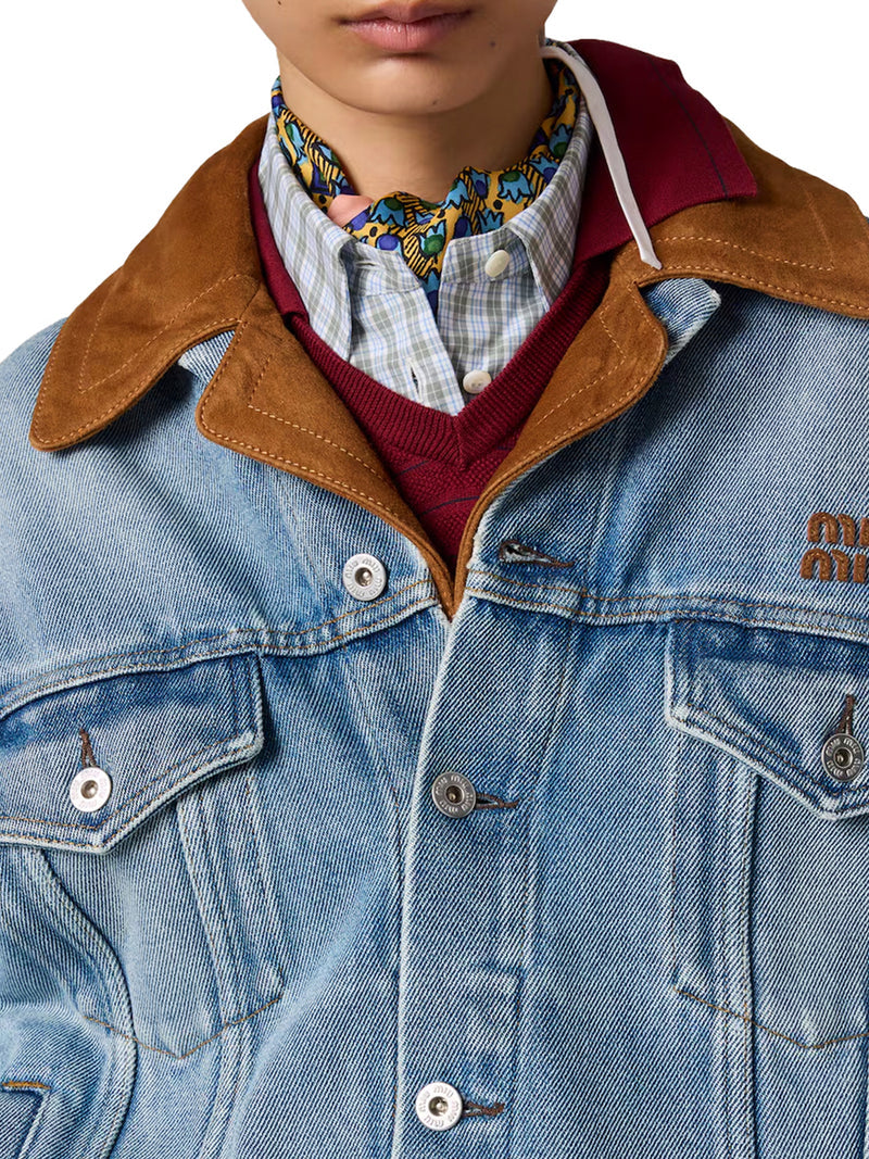Miu Miu Women Blouson In Washed Denim And Suede