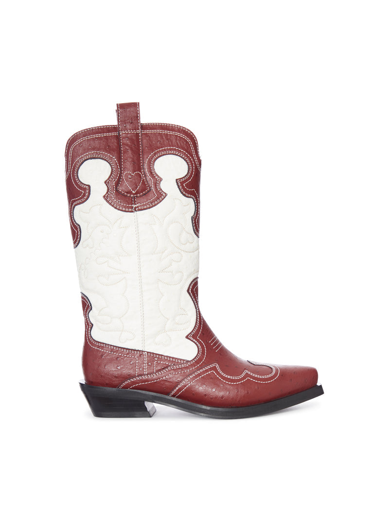 Ganni Women Two-Tone Leather Texan Boots With Decorative Embroidery