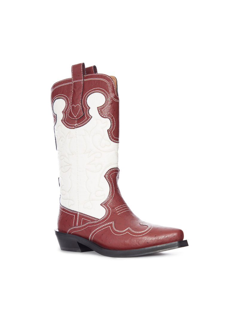 Ganni Women Two-Tone Leather Texan Boots With Decorative Embroidery