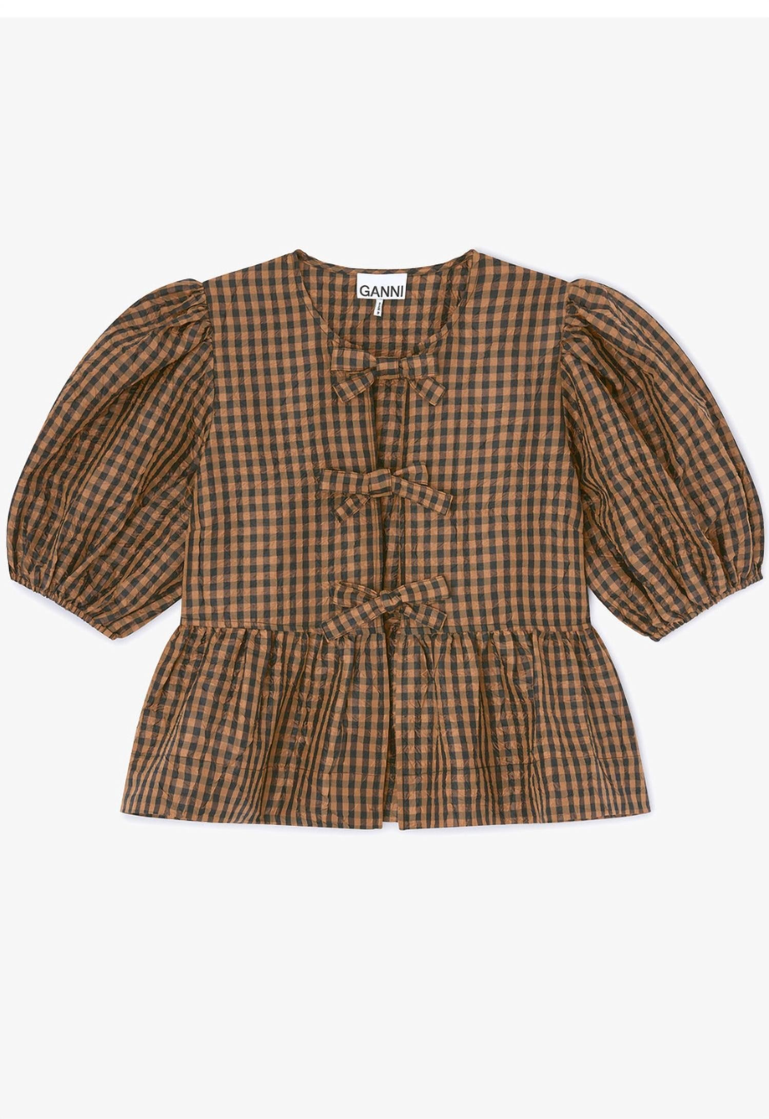 Women's Crinkled Taffeta Check Peplum Blouse