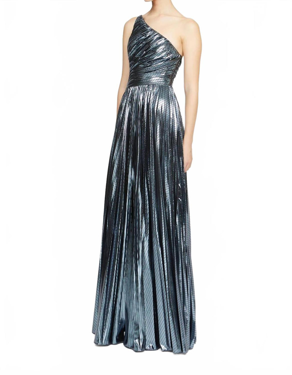 Terese Pleated Metallic One Shoulder Gown In Slate Blue