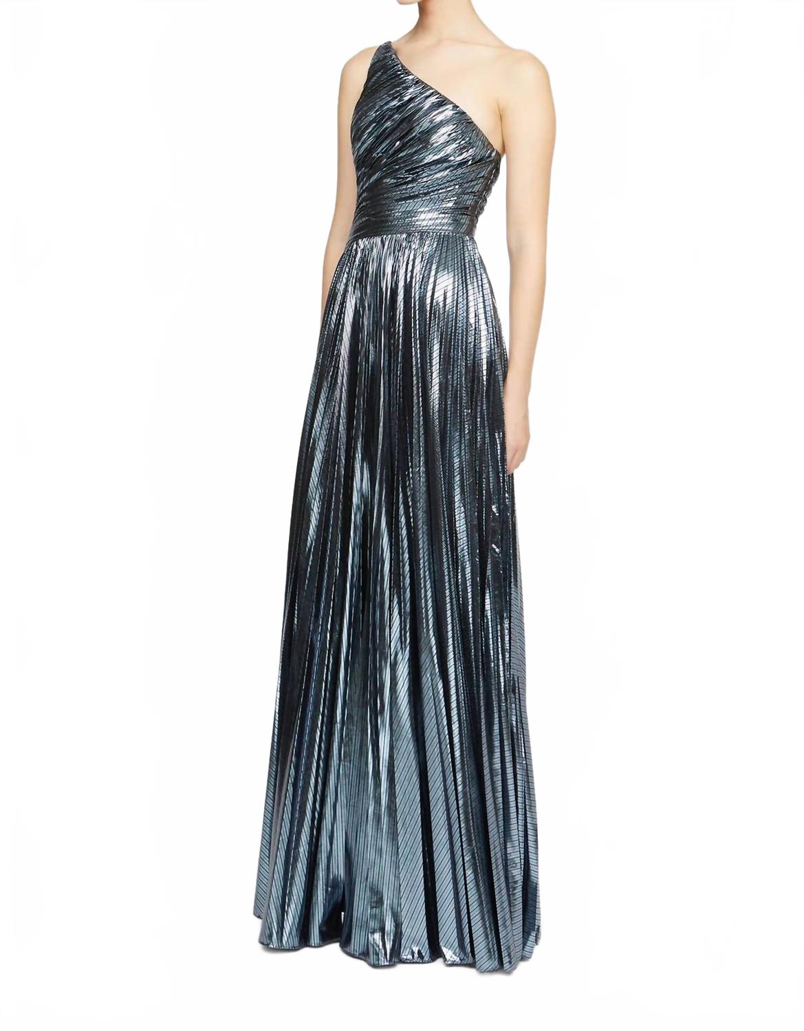 Terese Pleated Metallic One Shoulder Gown In Slate Blue