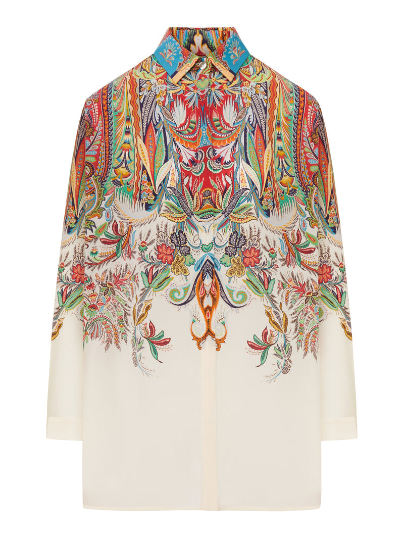 Etro Women Long Silk Shirt With Placed Paisley Foliage Print
