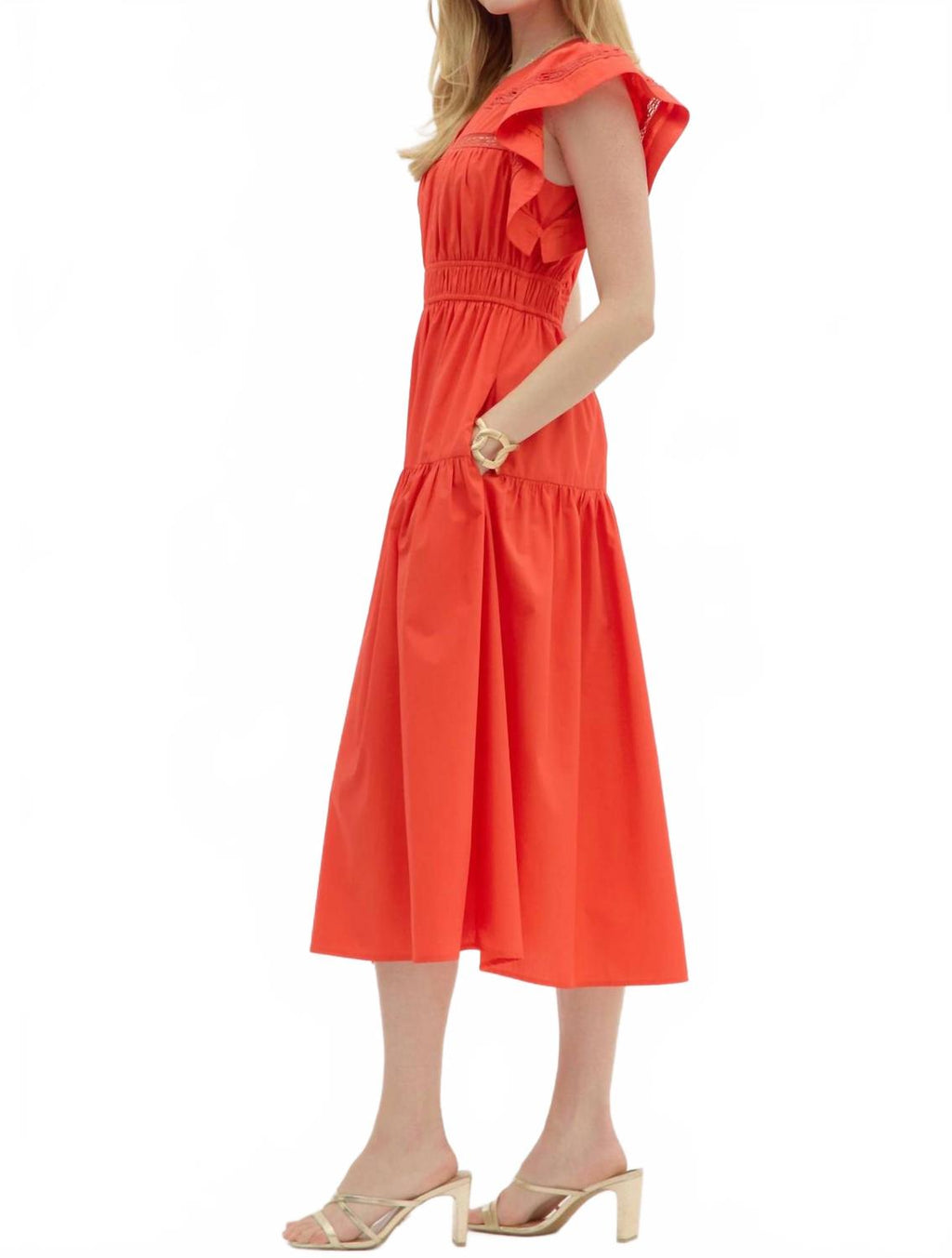 Flutter Sleeve Dress In Coral