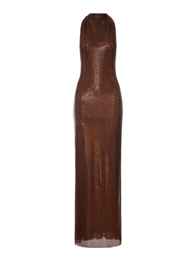 Self-Portrait Women Long Brown Dress With Rhinestone And Halter Neckline