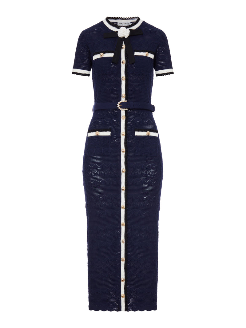 Self-Portrait Women Navy Blue Perforated Knit Midi Dress