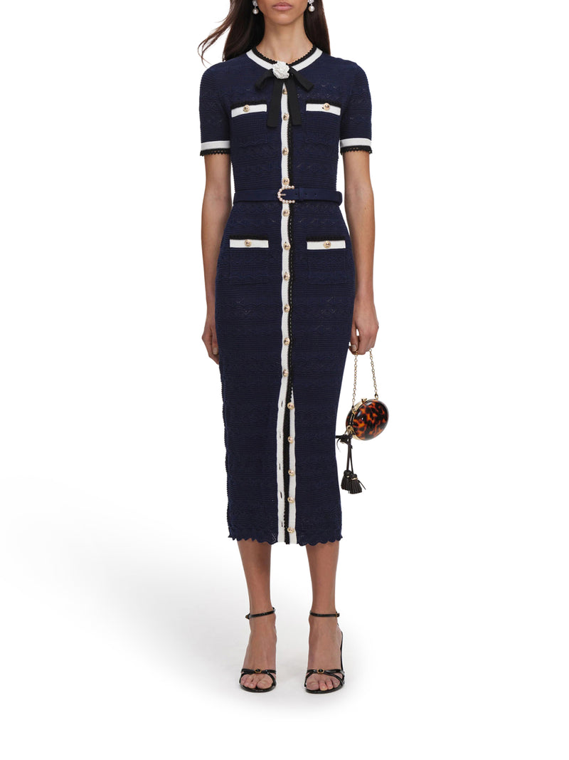Self-Portrait Women Navy Blue Perforated Knit Midi Dress