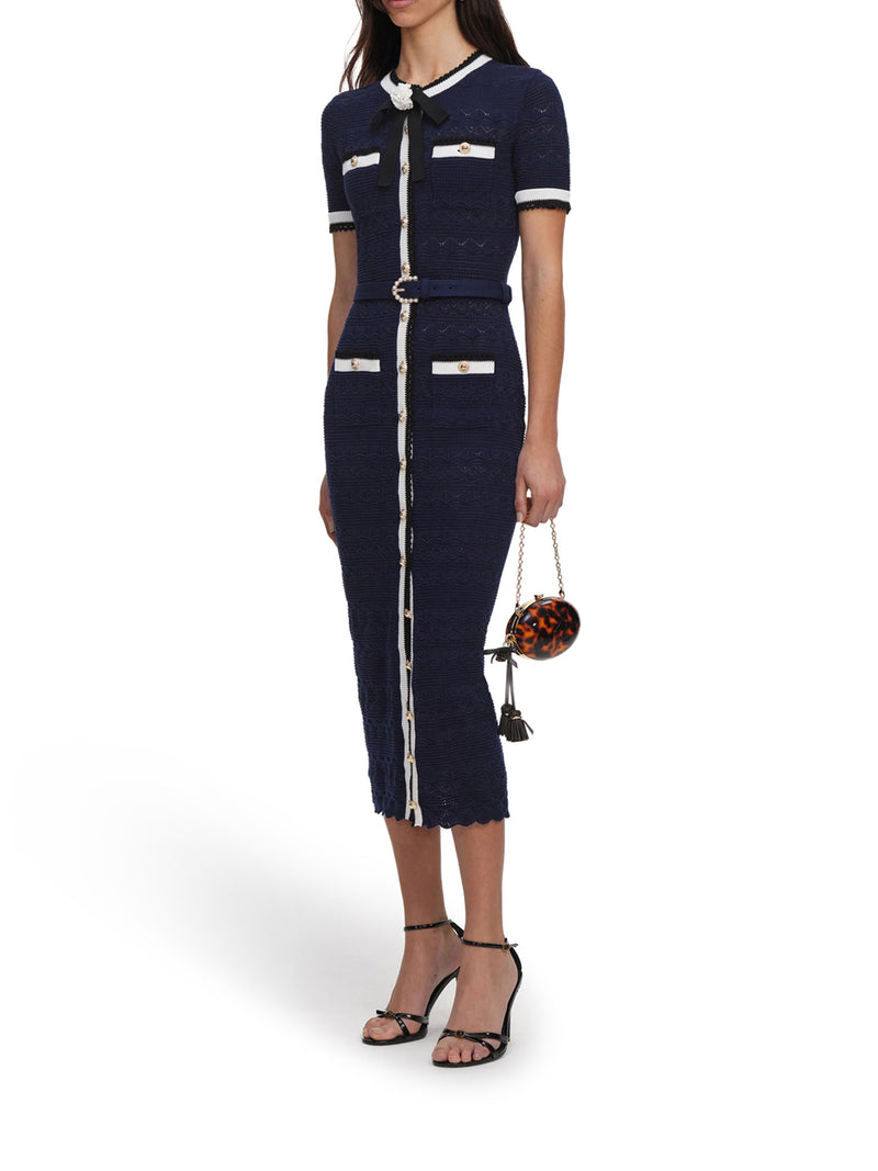 Self-Portrait Women Navy Blue Perforated Knit Midi Dress