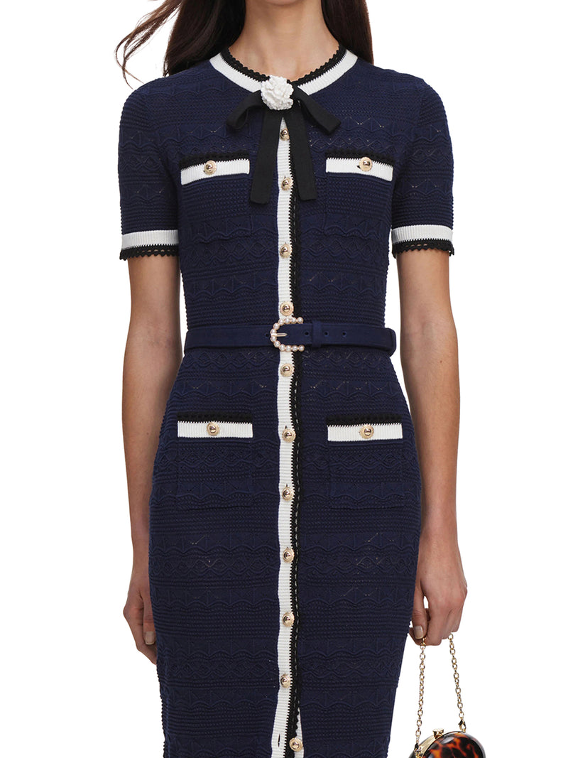 Self-Portrait Women Navy Blue Perforated Knit Midi Dress