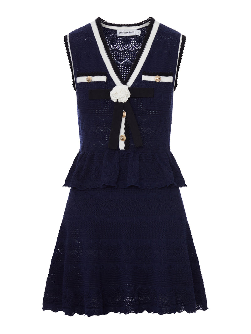 Self-Portrait Women Navy Blue Peplum Quilted Knit Mini Dress