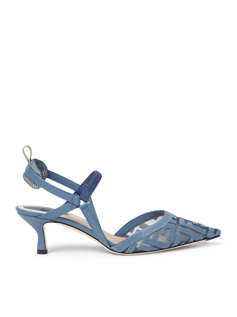 Fendi Women Colibrì Lite Slingback With Medium Heel In Mesh With Ff Embroidery In Blue